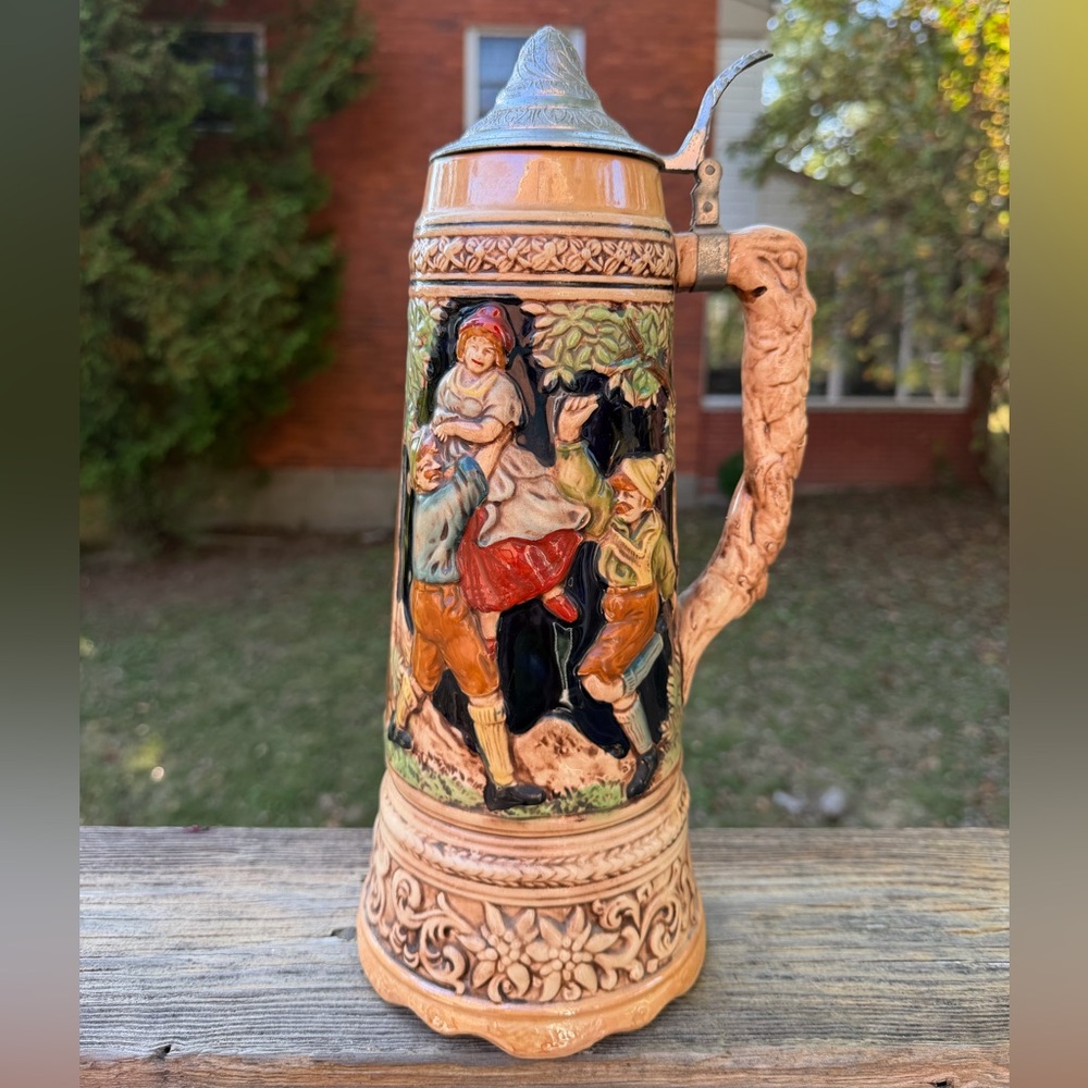 Rare Important Large Gorgeous Estate Beer Stein with European Figures Village